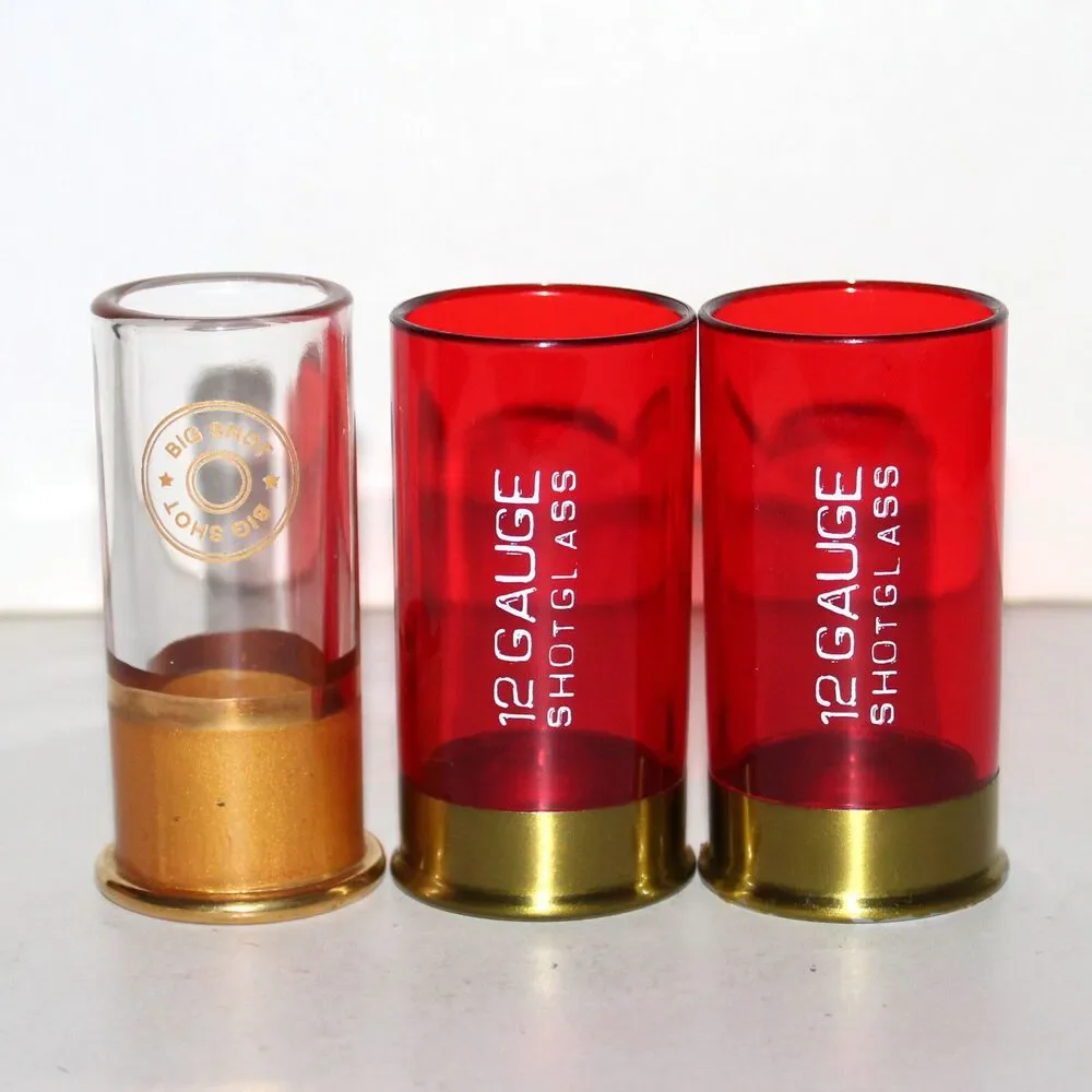 Lot 3 Shot Glass red clear shotgun shell 12 gauge glass plastic ammo bar drink